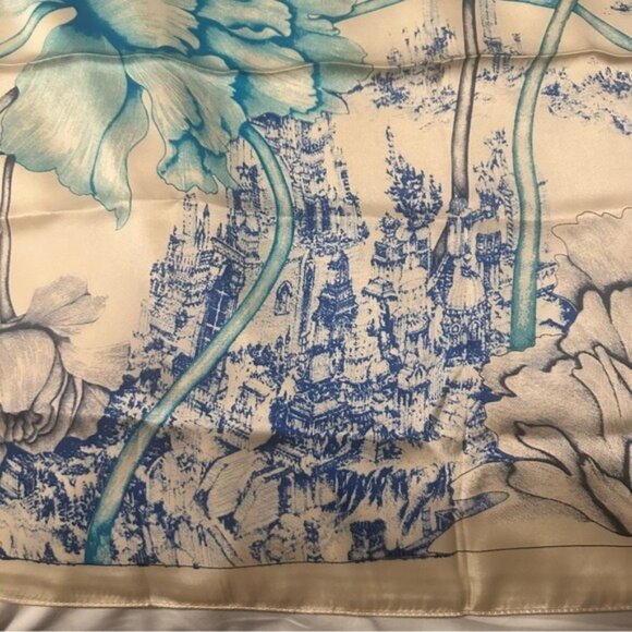 Satin Scarf Women neckerchief Shawl Floral Scene 21"x21" peony-style blooms - Picture 5 of 13